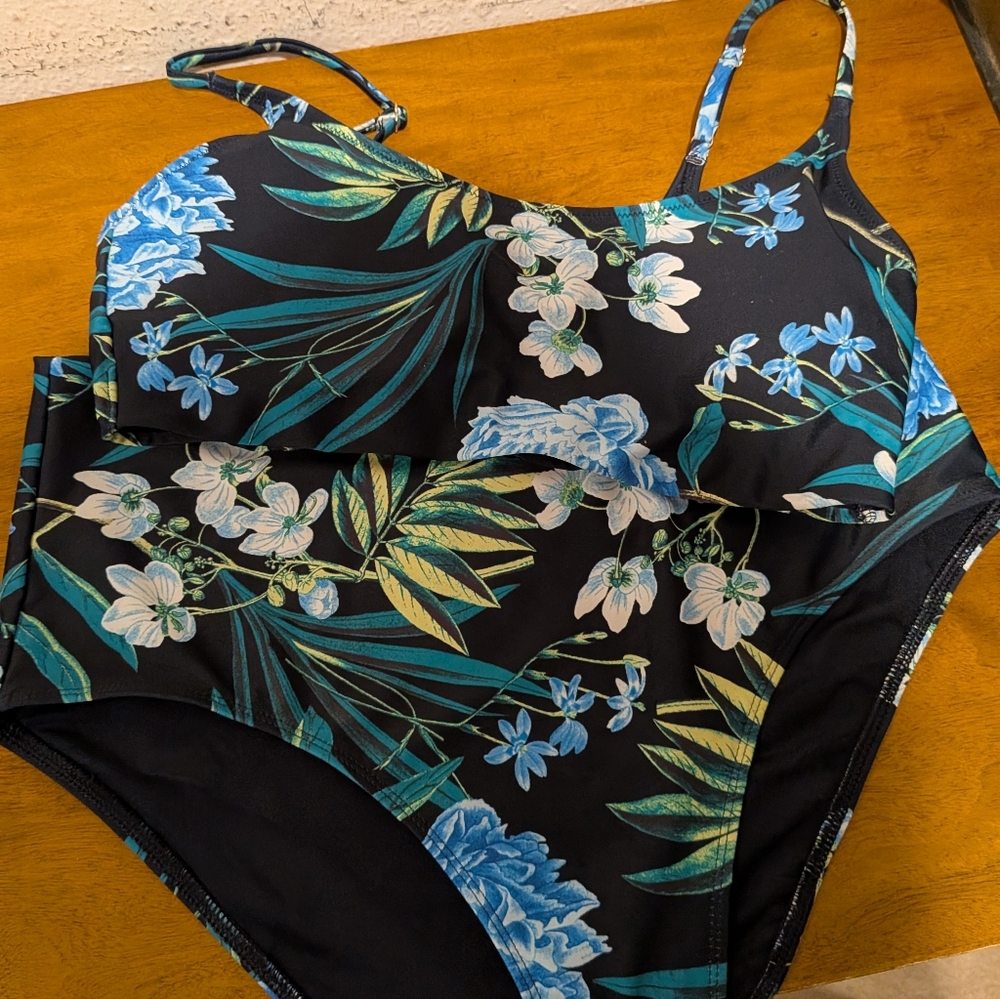 Floral Two Piece Swimsuit - Navy, Blue, And White - Large